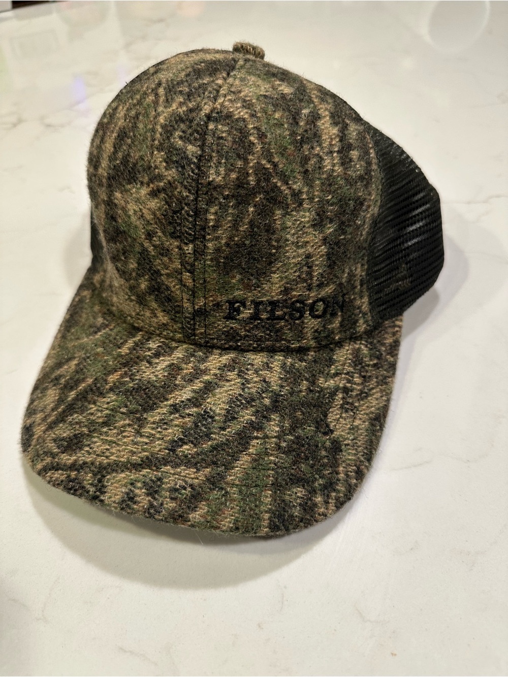 Filson Camouflage Trucker Hat with Black Mesh